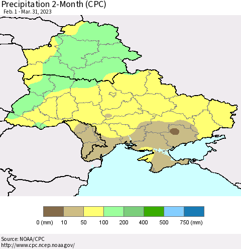 Ukraine, Moldova and Belarus Precipitation 2-Month (CPC) Thematic Map For 2/1/2023 - 3/31/2023