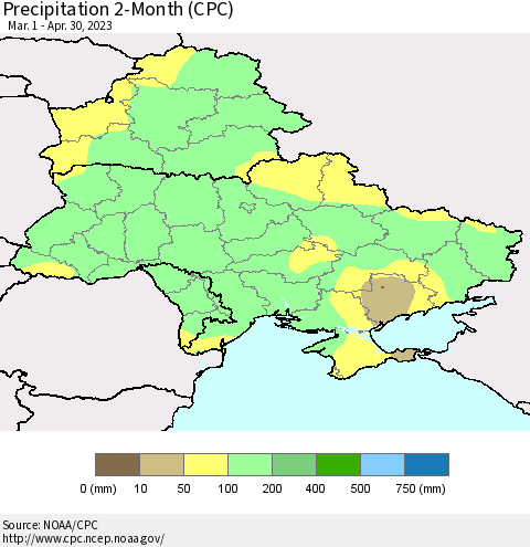 Ukraine, Moldova and Belarus Precipitation 2-Month (CPC) Thematic Map For 3/1/2023 - 4/30/2023