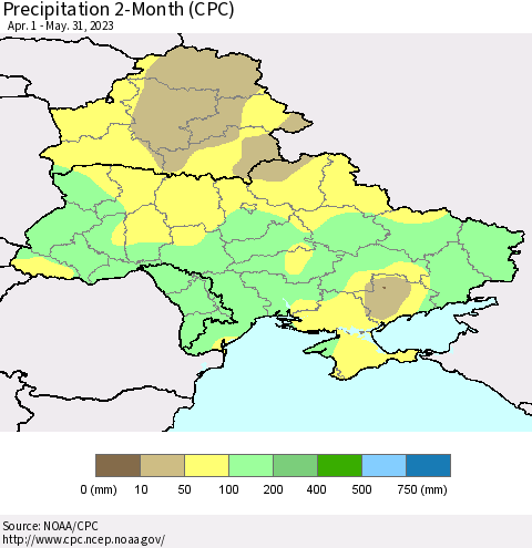 Ukraine, Moldova and Belarus Precipitation 2-Month (CPC) Thematic Map For 4/1/2023 - 5/31/2023