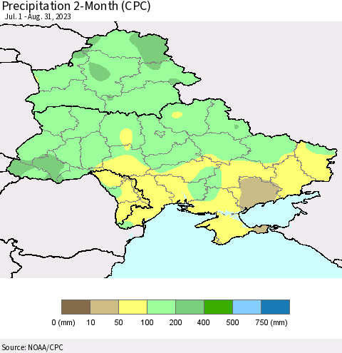 Ukraine, Moldova and Belarus Precipitation 2-Month (CPC) Thematic Map For 7/1/2023 - 8/31/2023