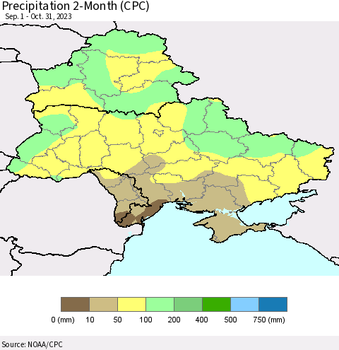 Ukraine, Moldova and Belarus Precipitation 2-Month (CPC) Thematic Map For 9/1/2023 - 10/31/2023