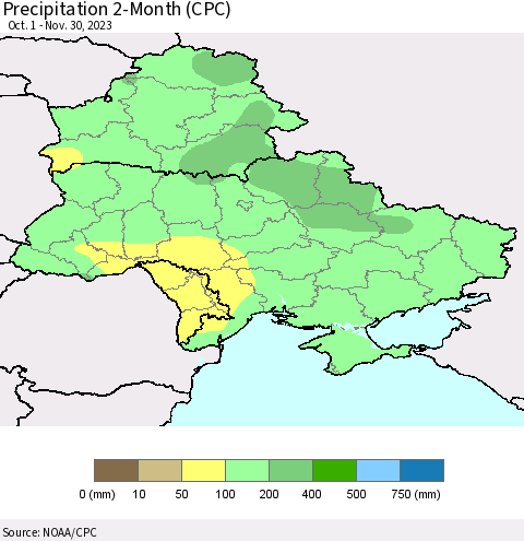 Ukraine, Moldova and Belarus Precipitation 2-Month (CPC) Thematic Map For 10/1/2023 - 11/30/2023