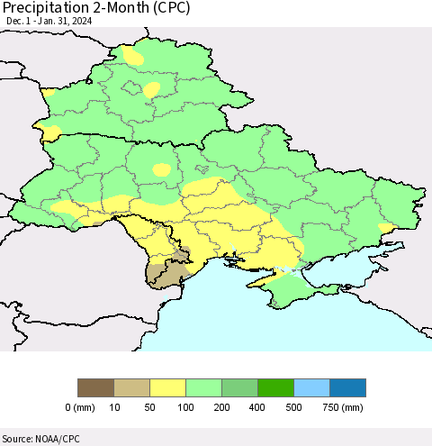 Ukraine, Moldova and Belarus Precipitation 2-Month (CPC) Thematic Map For 12/1/2023 - 1/31/2024