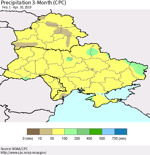 Ukraine, Moldova and Belarus Precipitation 3-Month (CPC) Thematic Map For 2/1/2019 - 4/30/2019