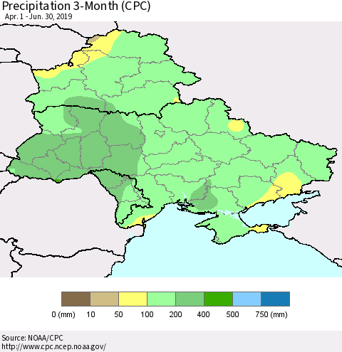 Ukraine, Moldova and Belarus Precipitation 3-Month (CPC) Thematic Map For 4/1/2019 - 6/30/2019