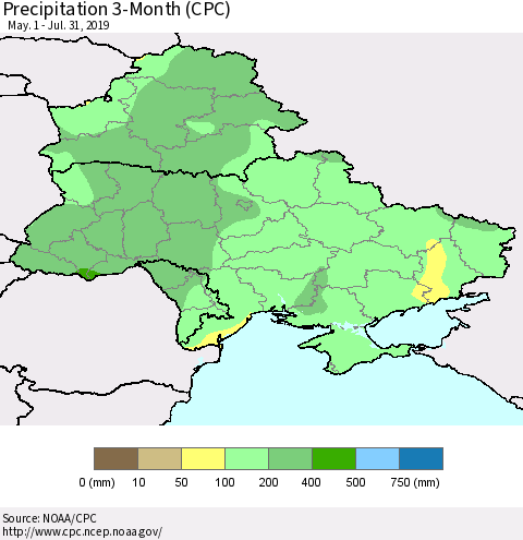 Ukraine, Moldova and Belarus Precipitation 3-Month (CPC) Thematic Map For 5/1/2019 - 7/31/2019