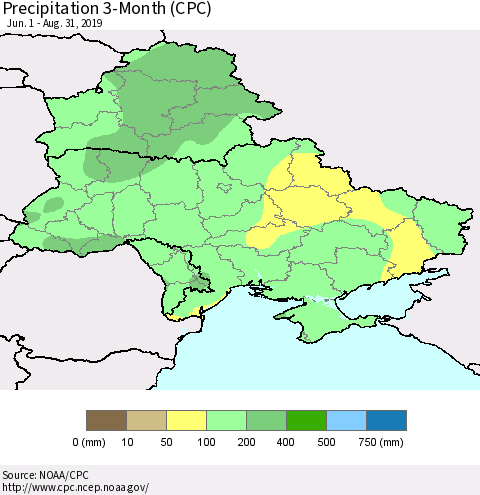 Ukraine, Moldova and Belarus Precipitation 3-Month (CPC) Thematic Map For 6/1/2019 - 8/31/2019
