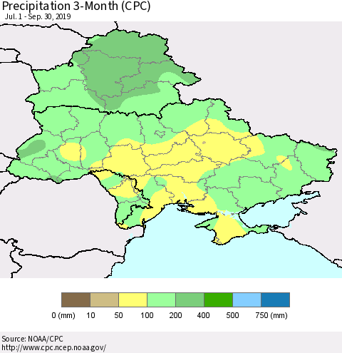 Ukraine, Moldova and Belarus Precipitation 3-Month (CPC) Thematic Map For 7/1/2019 - 9/30/2019