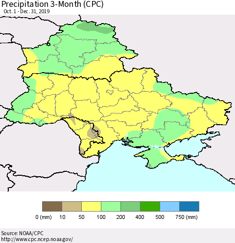 Ukraine, Moldova and Belarus Precipitation 3-Month (CPC) Thematic Map For 10/1/2019 - 12/31/2019