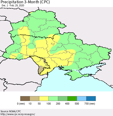 Ukraine, Moldova and Belarus Precipitation 3-Month (CPC) Thematic Map For 12/1/2019 - 2/29/2020