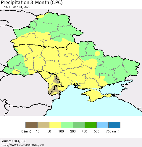 Ukraine, Moldova and Belarus Precipitation 3-Month (CPC) Thematic Map For 1/1/2020 - 3/31/2020