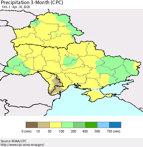 Ukraine, Moldova and Belarus Precipitation 3-Month (CPC) Thematic Map For 2/1/2020 - 4/30/2020