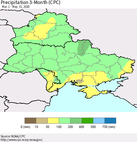 Ukraine, Moldova and Belarus Precipitation 3-Month (CPC) Thematic Map For 3/1/2020 - 5/31/2020
