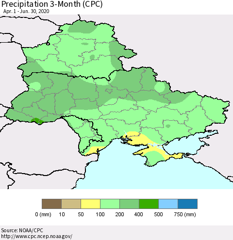 Ukraine, Moldova and Belarus Precipitation 3-Month (CPC) Thematic Map For 4/1/2020 - 6/30/2020