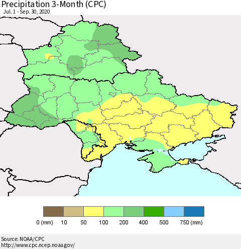 Ukraine, Moldova and Belarus Precipitation 3-Month (CPC) Thematic Map For 7/1/2020 - 9/30/2020