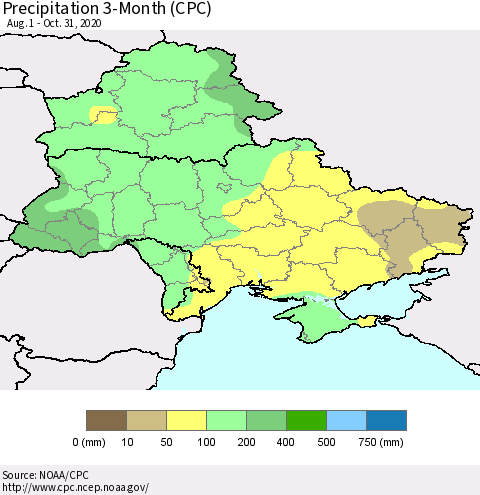 Ukraine, Moldova and Belarus Precipitation 3-Month (CPC) Thematic Map For 8/1/2020 - 10/31/2020
