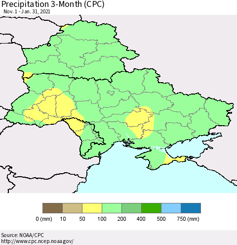 Ukraine, Moldova and Belarus Precipitation 3-Month (CPC) Thematic Map For 11/1/2020 - 1/31/2021