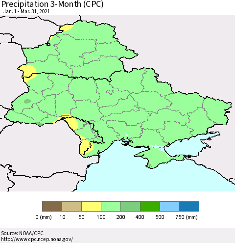 Ukraine, Moldova and Belarus Precipitation 3-Month (CPC) Thematic Map For 1/1/2021 - 3/31/2021