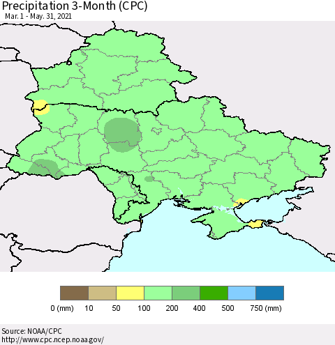 Ukraine, Moldova and Belarus Precipitation 3-Month (CPC) Thematic Map For 3/1/2021 - 5/31/2021
