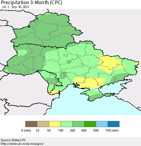 Ukraine, Moldova and Belarus Precipitation 3-Month (CPC) Thematic Map For 7/1/2021 - 9/30/2021