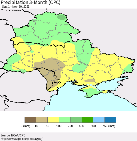 Ukraine, Moldova and Belarus Precipitation 3-Month (CPC) Thematic Map For 9/1/2021 - 11/30/2021