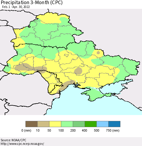 Ukraine, Moldova and Belarus Precipitation 3-Month (CPC) Thematic Map For 2/1/2022 - 4/30/2022