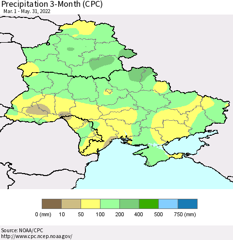 Ukraine, Moldova and Belarus Precipitation 3-Month (CPC) Thematic Map For 3/1/2022 - 5/31/2022