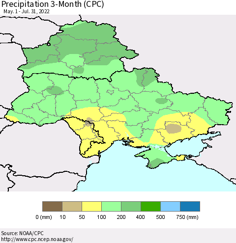 Ukraine, Moldova and Belarus Precipitation 3-Month (CPC) Thematic Map For 5/1/2022 - 7/31/2022