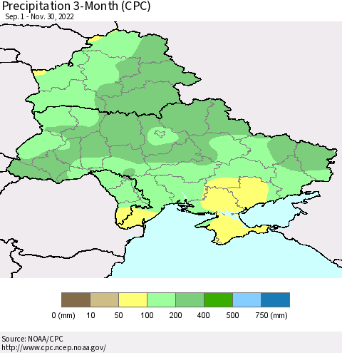 Ukraine, Moldova and Belarus Precipitation 3-Month (CPC) Thematic Map For 9/1/2022 - 11/30/2022