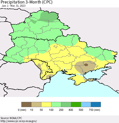 Ukraine, Moldova and Belarus Precipitation 3-Month (CPC) Thematic Map For 1/1/2023 - 3/31/2023