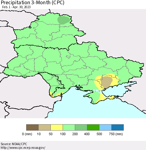 Ukraine, Moldova and Belarus Precipitation 3-Month (CPC) Thematic Map For 2/1/2023 - 4/30/2023