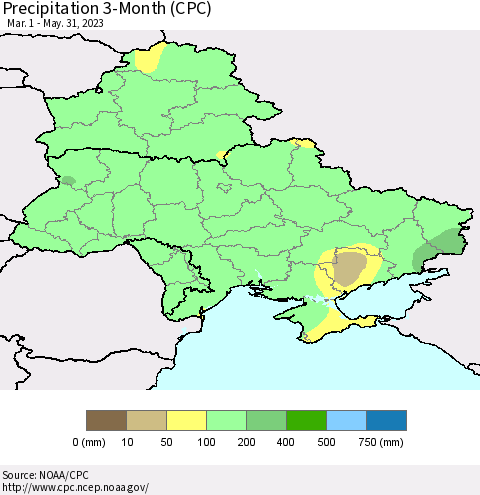 Ukraine, Moldova and Belarus Precipitation 3-Month (CPC) Thematic Map For 3/1/2023 - 5/31/2023