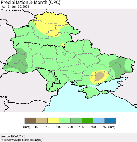 Ukraine, Moldova and Belarus Precipitation 3-Month (CPC) Thematic Map For 4/1/2023 - 6/30/2023