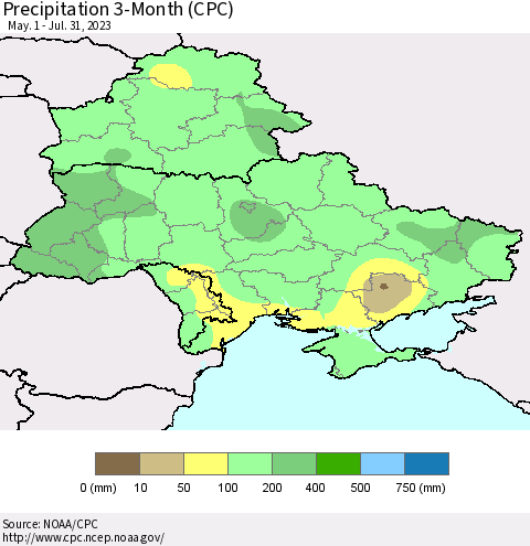 Ukraine, Moldova and Belarus Precipitation 3-Month (CPC) Thematic Map For 5/1/2023 - 7/31/2023