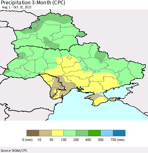 Ukraine, Moldova and Belarus Precipitation 3-Month (CPC) Thematic Map For 8/1/2023 - 10/31/2023
