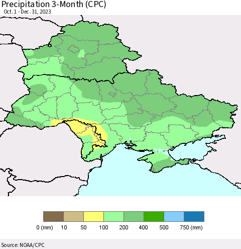 Ukraine, Moldova and Belarus Precipitation 3-Month (CPC) Thematic Map For 10/1/2023 - 12/31/2023
