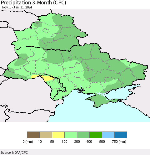 Ukraine, Moldova and Belarus Precipitation 3-Month (CPC) Thematic Map For 11/1/2023 - 1/31/2024