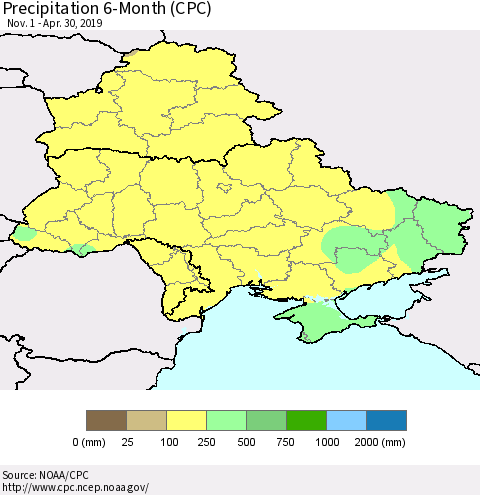 Ukraine, Moldova and Belarus Precipitation 6-Month (CPC) Thematic Map For 11/1/2018 - 4/30/2019