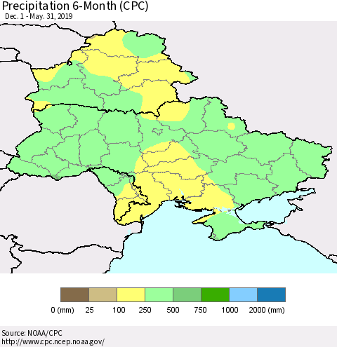 Ukraine, Moldova and Belarus Precipitation 6-Month (CPC) Thematic Map For 12/1/2018 - 5/31/2019