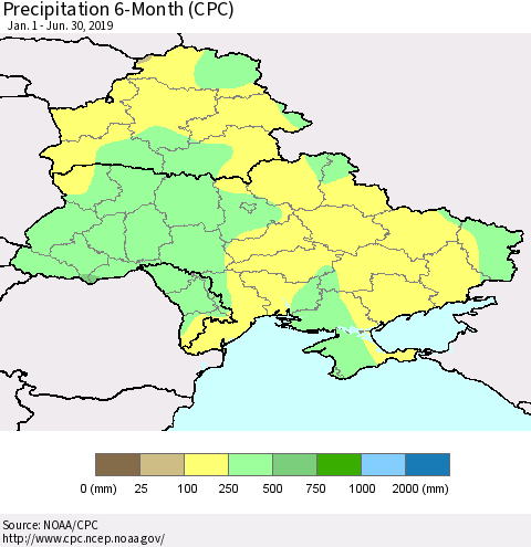 Ukraine, Moldova and Belarus Precipitation 6-Month (CPC) Thematic Map For 1/1/2019 - 6/30/2019
