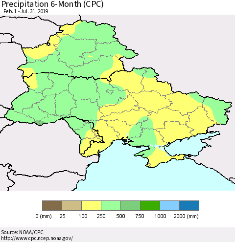 Ukraine, Moldova and Belarus Precipitation 6-Month (CPC) Thematic Map For 2/1/2019 - 7/31/2019