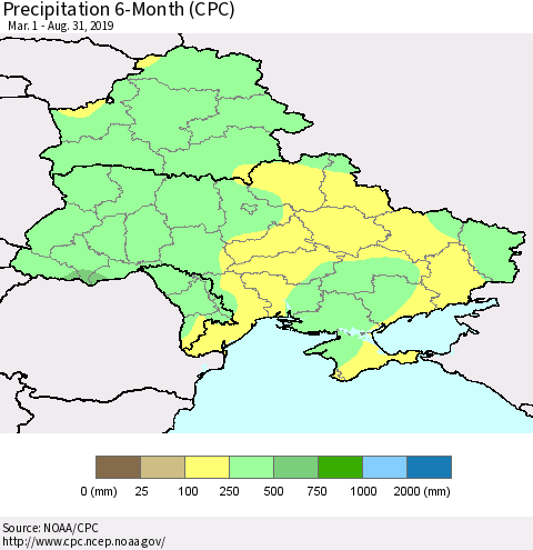 Ukraine, Moldova and Belarus Precipitation 6-Month (CPC) Thematic Map For 3/1/2019 - 8/31/2019