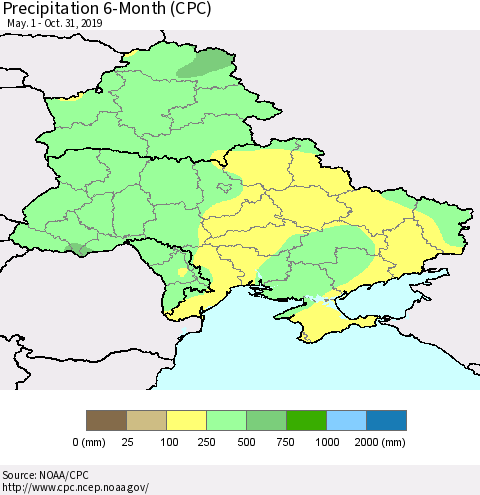 Ukraine, Moldova and Belarus Precipitation 6-Month (CPC) Thematic Map For 5/1/2019 - 10/31/2019
