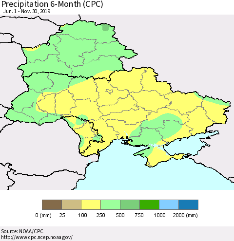 Ukraine, Moldova and Belarus Precipitation 6-Month (CPC) Thematic Map For 6/1/2019 - 11/30/2019