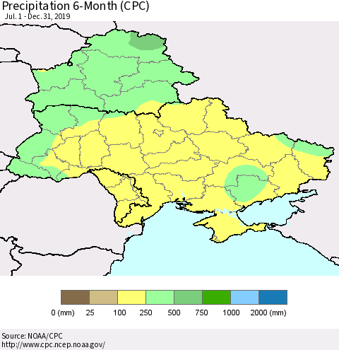 Ukraine, Moldova and Belarus Precipitation 6-Month (CPC) Thematic Map For 7/1/2019 - 12/31/2019