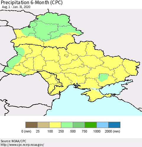 Ukraine, Moldova and Belarus Precipitation 6-Month (CPC) Thematic Map For 8/1/2019 - 1/31/2020