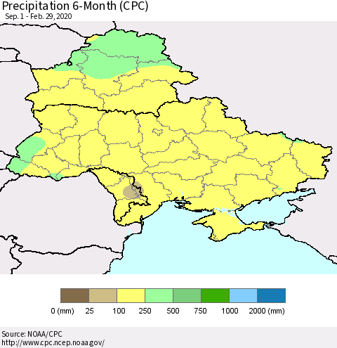 Ukraine, Moldova and Belarus Precipitation 6-Month (CPC) Thematic Map For 9/1/2019 - 2/29/2020
