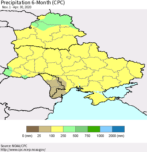 Ukraine, Moldova and Belarus Precipitation 6-Month (CPC) Thematic Map For 11/1/2019 - 4/30/2020