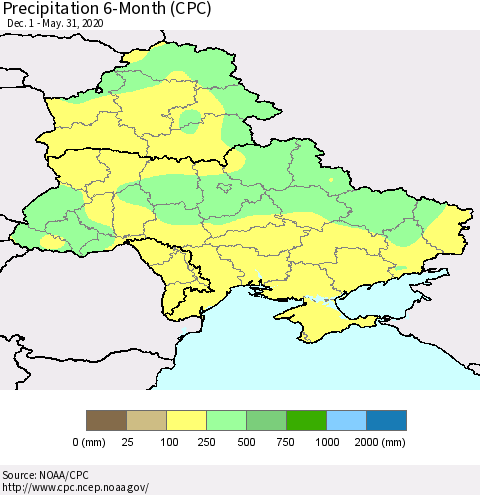 Ukraine, Moldova and Belarus Precipitation 6-Month (CPC) Thematic Map For 12/1/2019 - 5/31/2020
