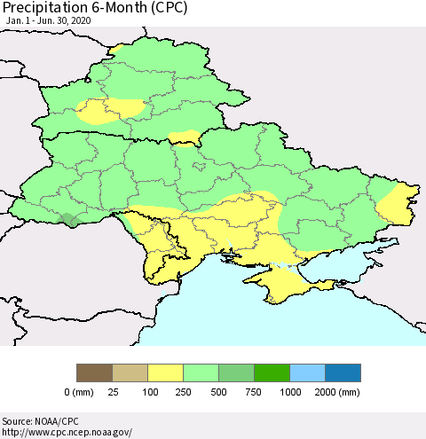 Ukraine, Moldova and Belarus Precipitation 6-Month (CPC) Thematic Map For 1/1/2020 - 6/30/2020